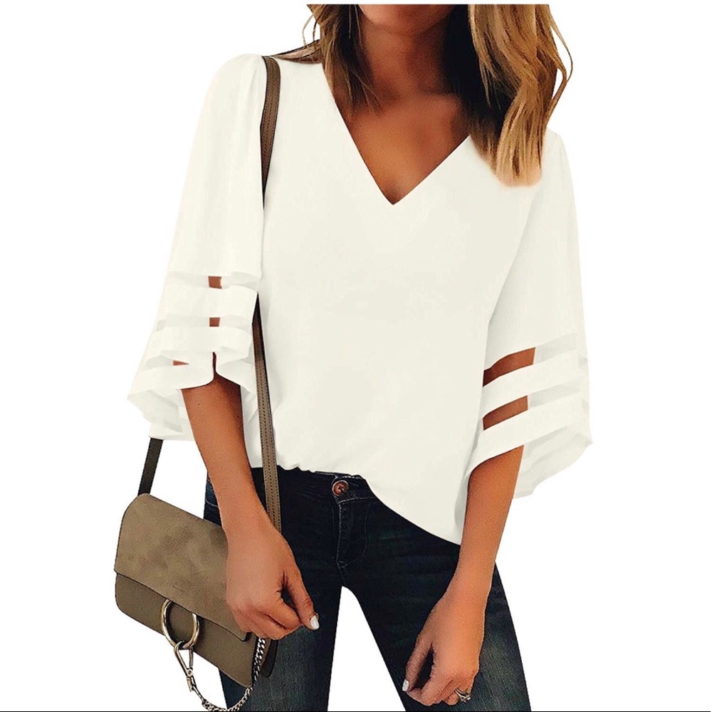 Women's V Neck  3/4 Bell Sleeve Loose Top Shirt